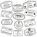 Custom and travel passport stamp set. International Airport visa stamps. Vector illustration